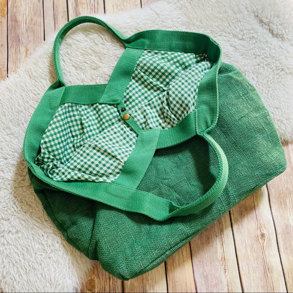 Forever 21 Green Linen Gingham Print Lined Summer Tote Bag